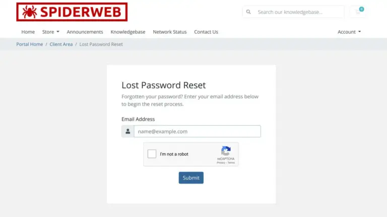 Spiderweb Forgot Password Screen